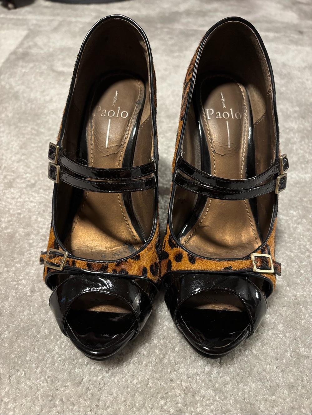 Paolo Leopard Print Peep-Toe Heels with Black Patent Straps